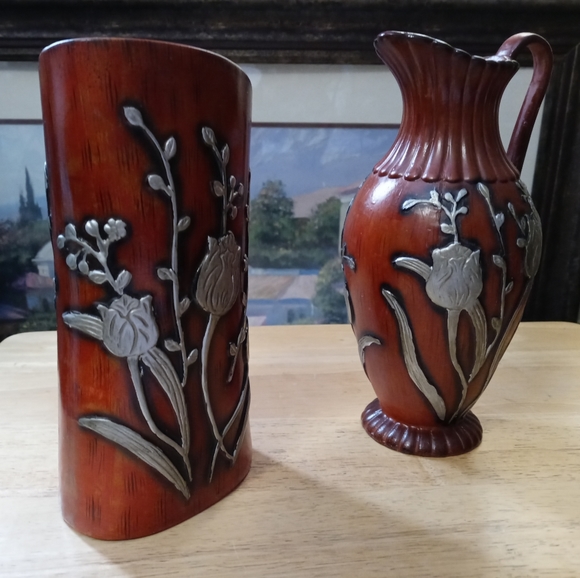 🏫2 VINTAGE FLORAL POTTERY VASE🏬🎋SIZE 8"×4"& 8.5"×4",ART NOUVEAU FLORAL DECOR. - Picture 2 of 12